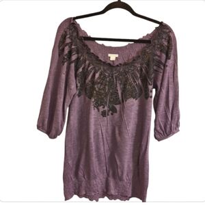 ❤️Xhileration Top Women's Size: Large Shirt Purple Black Paisley On/Off Shoulder